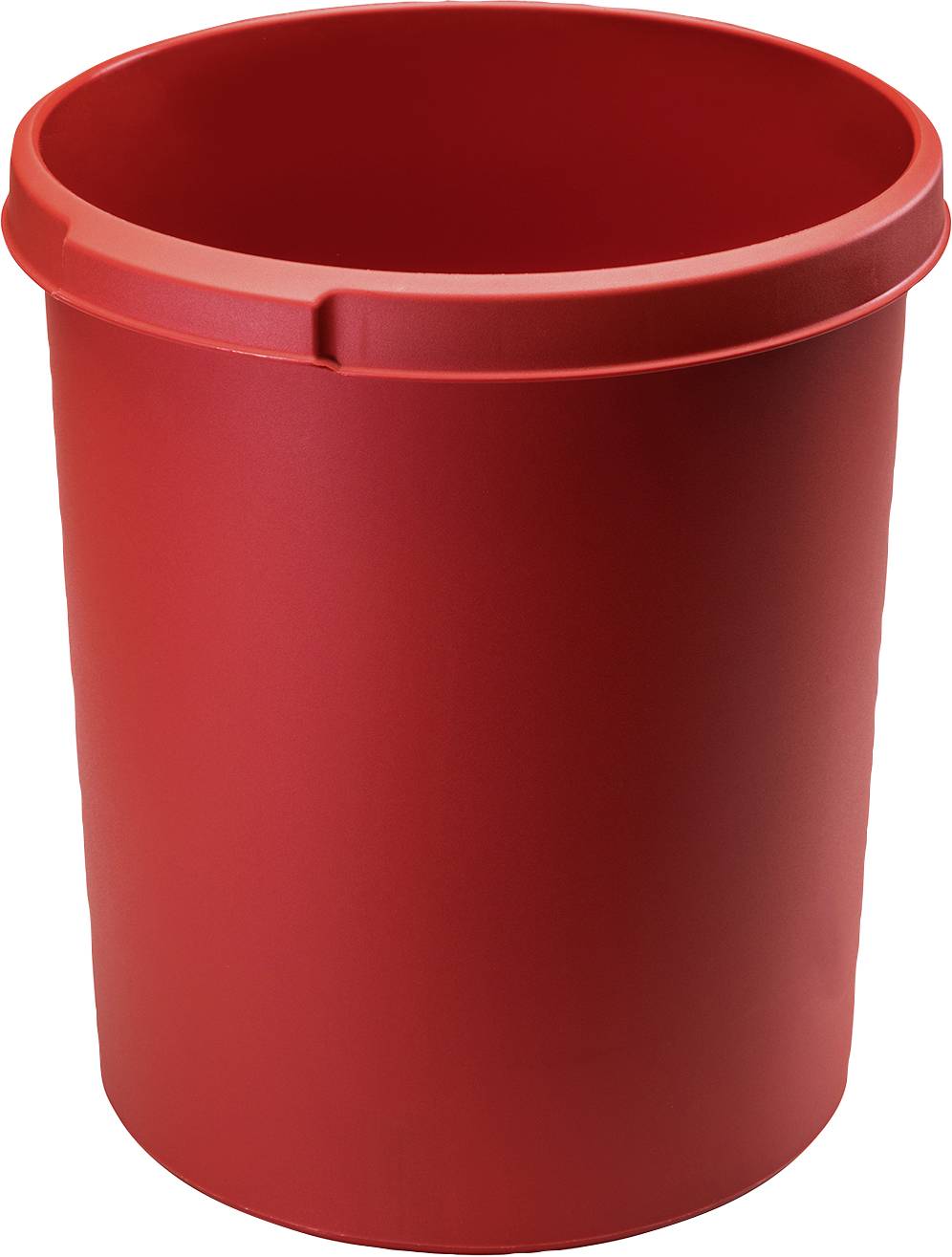 Ein roter, zylindrischer Mülleimer aus Kunststoff, leer und ohne sichtbaren Inhalt.