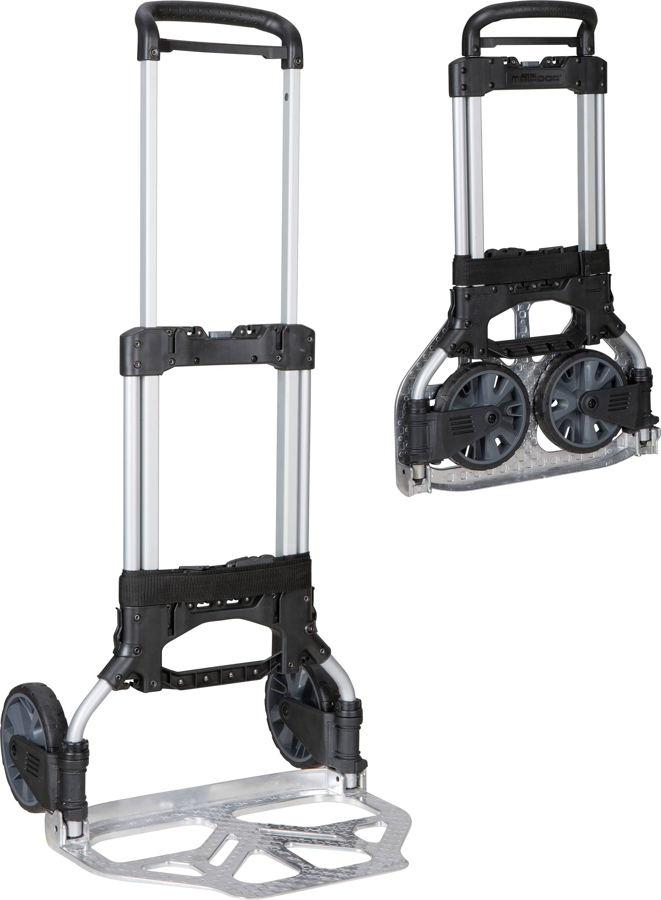 Zusammenklappbarer Handwagen mit robustem Aluminiumrahmen und großen Rädern. Ein kleines Bild zeigt den Wagen im eingeklappten Zustand.