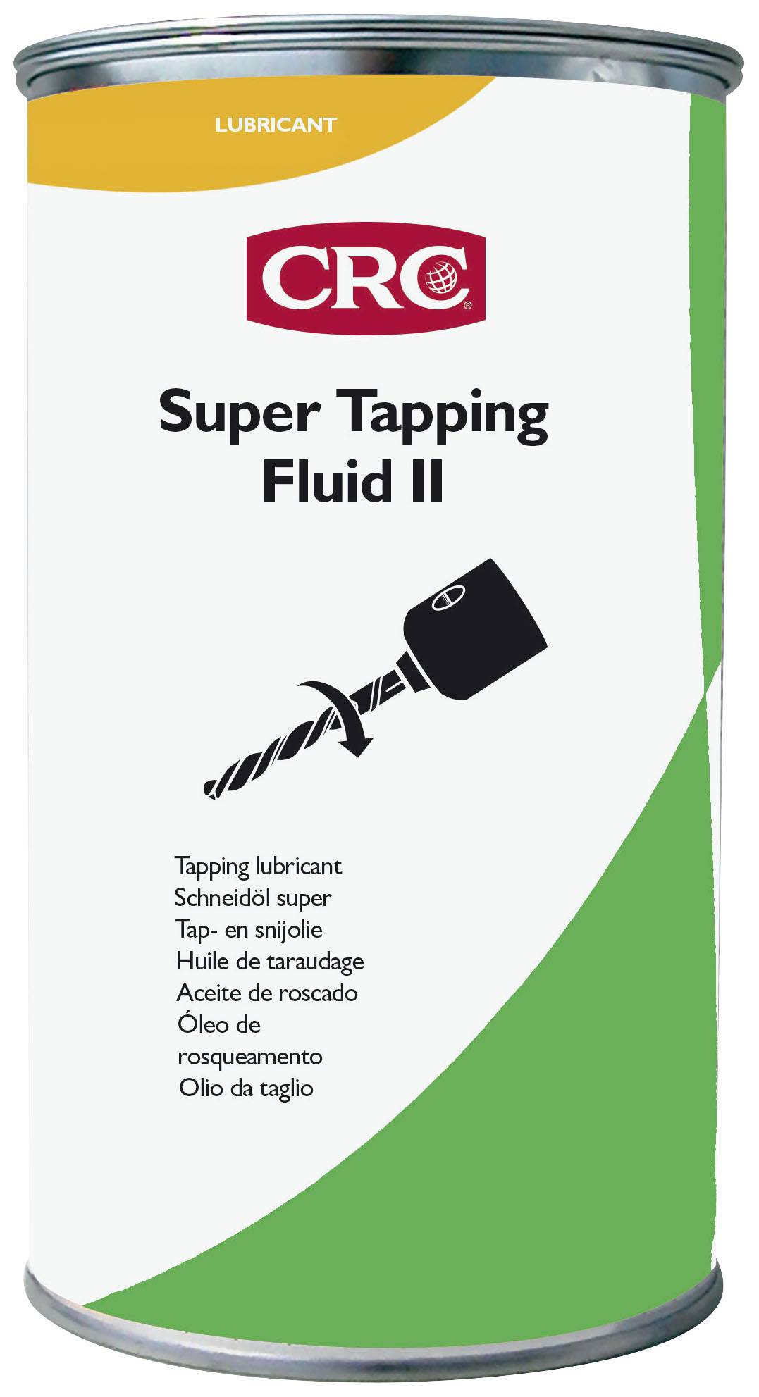 Dose mit Schmiermittel für Gewindeschneiden, Marke 'CRC', Aufschrift 'Super Tapping Fluid II'. Enthält Text in mehreren Sprachen.