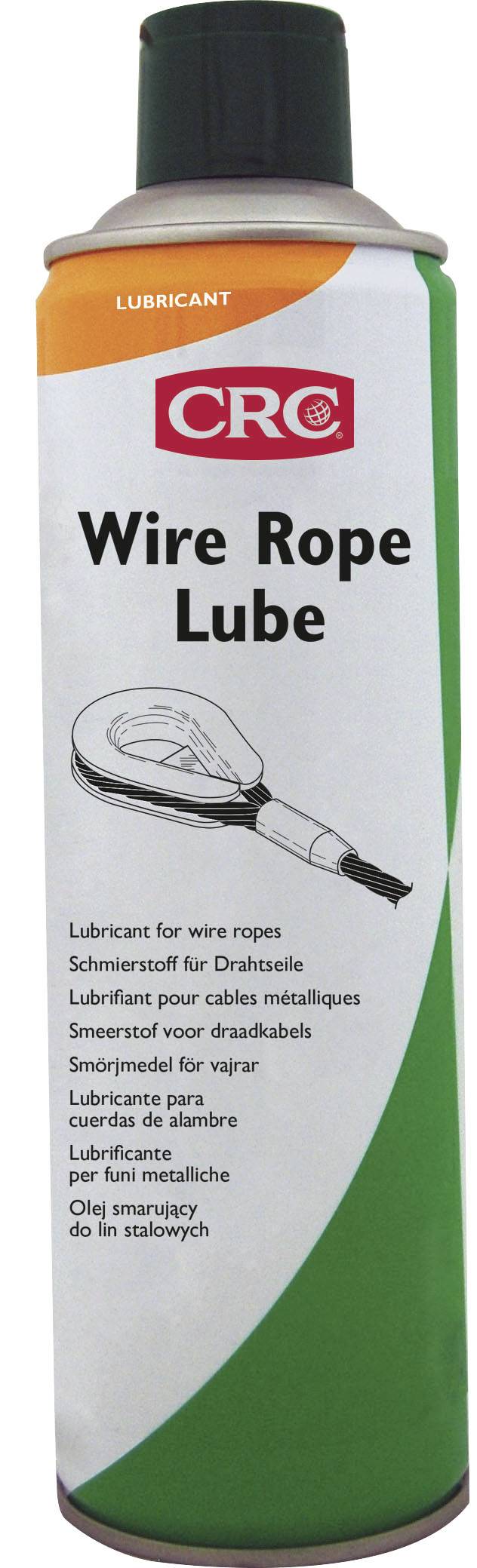 Sprühdose 'CRC Wire Rope Lube', Schmierstoff für Drahtseile. Enthält mehrsprachige Produktinformationen zur Anwendung.