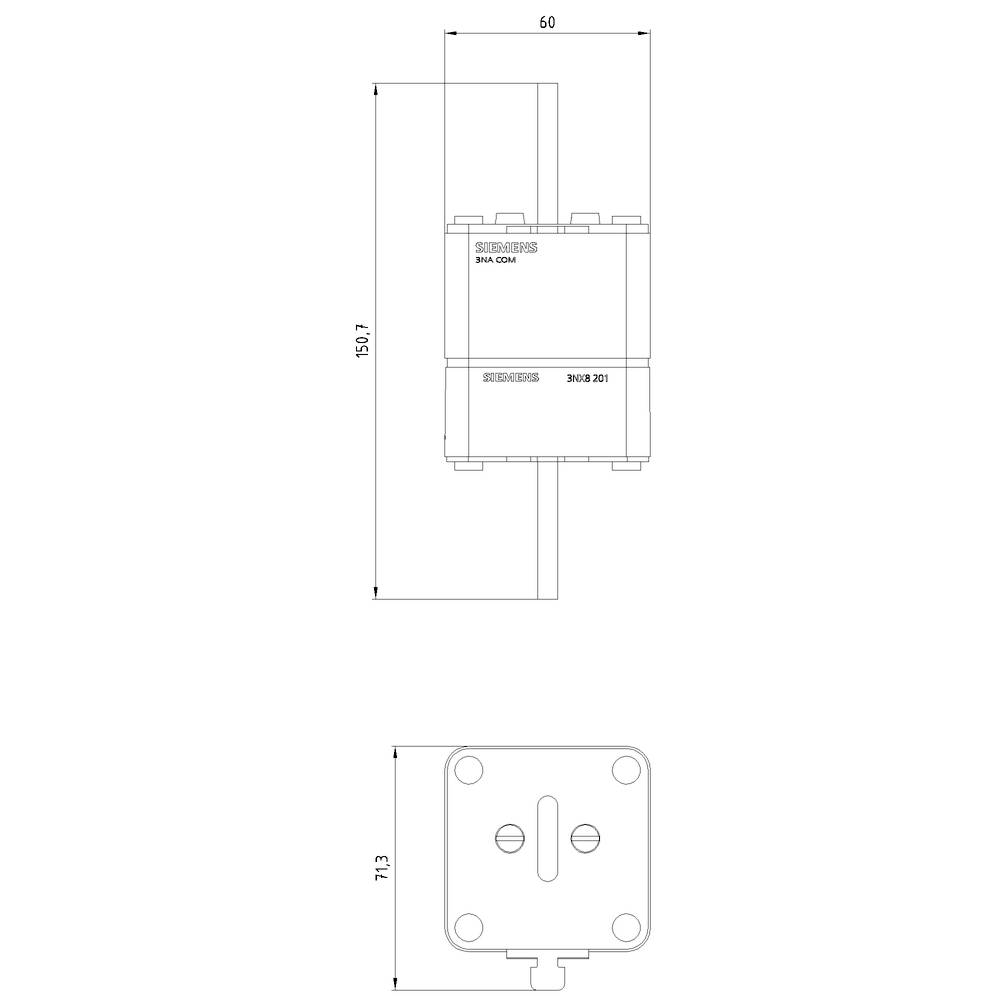 Technische Zeichnung eines Geräts mit Bemaßungen: Höhe 156,71 mm, Breite 60 mm; Ansicht von vorne und unten gezeigt.