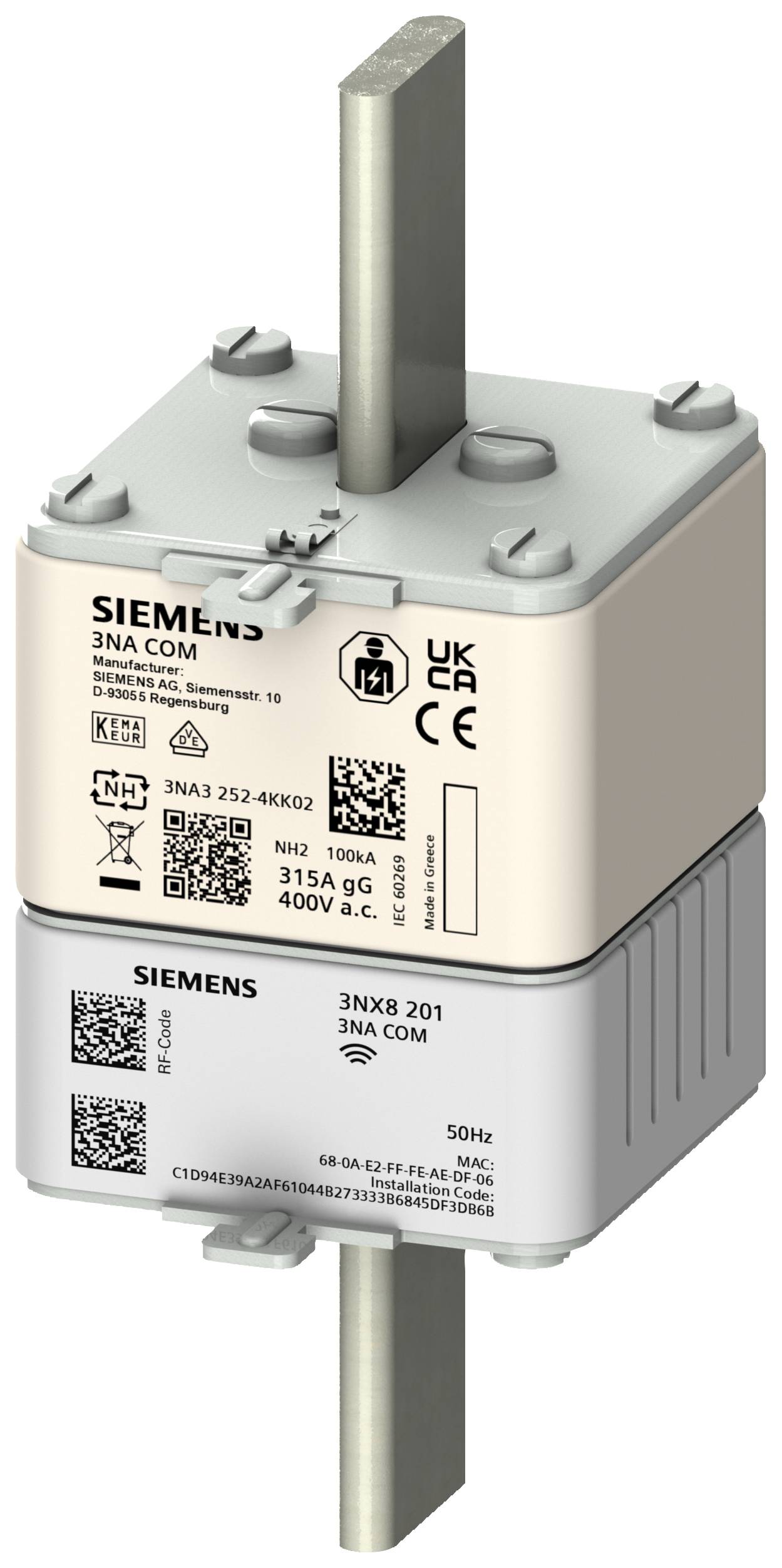 Ein Siemens NH-Trenner mit technischer Beschriftung und QR-Codes, geeignet für 315A, 400V a.c., zeigt technische Details.
