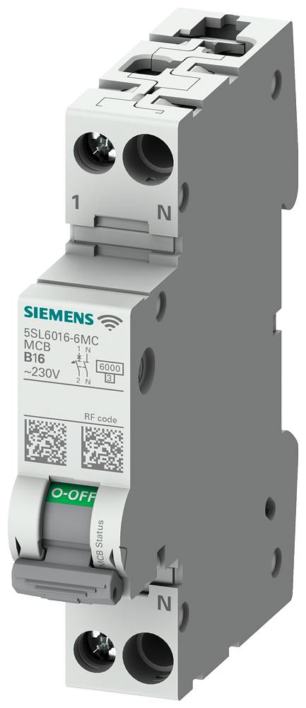 Ein grauer Siemens-Leistungsschalter (MCB) '5SL6016-6MC' mit grüner 'O-OFF'-Anzeige ist dargestellt. Geeignet für 16A, 230V.