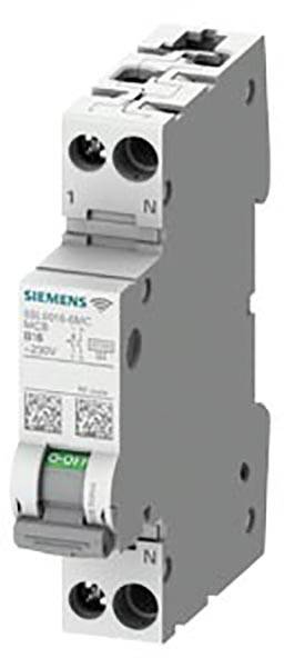 Leistungsschalter von Siemens mit grünem 'O-I' Schalter, geeignet für 220 V AC. Produktinformationen auf dem Gehäuse aufgedruckt.