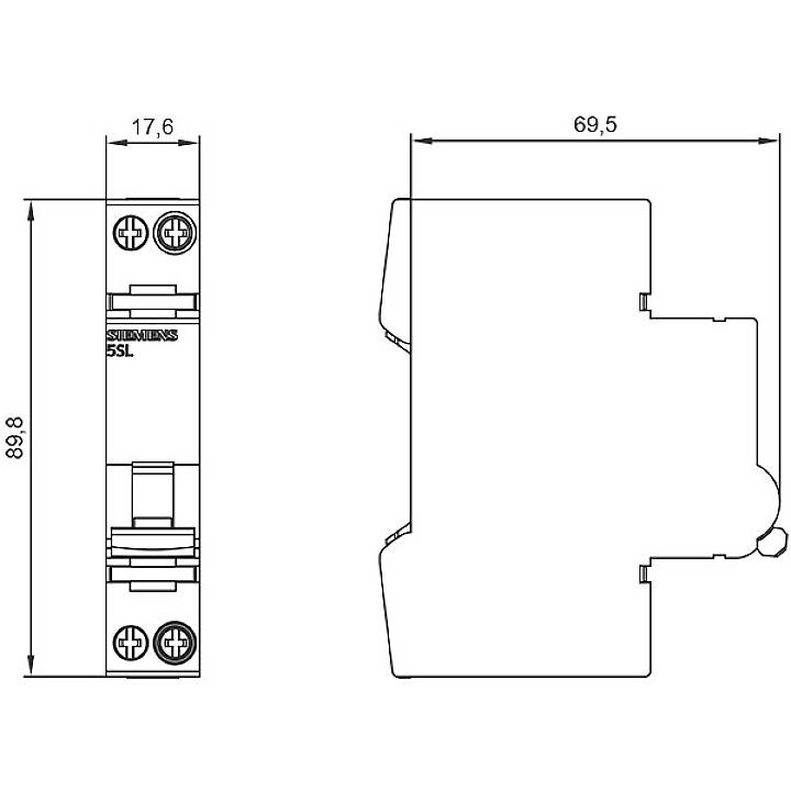 Technische Zeichnung eines elektrischen Bauteils mit Maßen: Höhe 89,8 mm, Breite 17,6 mm, Tiefe 69,5 mm. Ansicht von vorne und von der Seite.