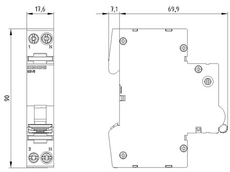 Abbildung eines elektrischen Sicherungs-Automaten. Zeigt Front- und Seitenansicht mit den Maßen 17,6 mm Breite und 69,9 mm Länge.
