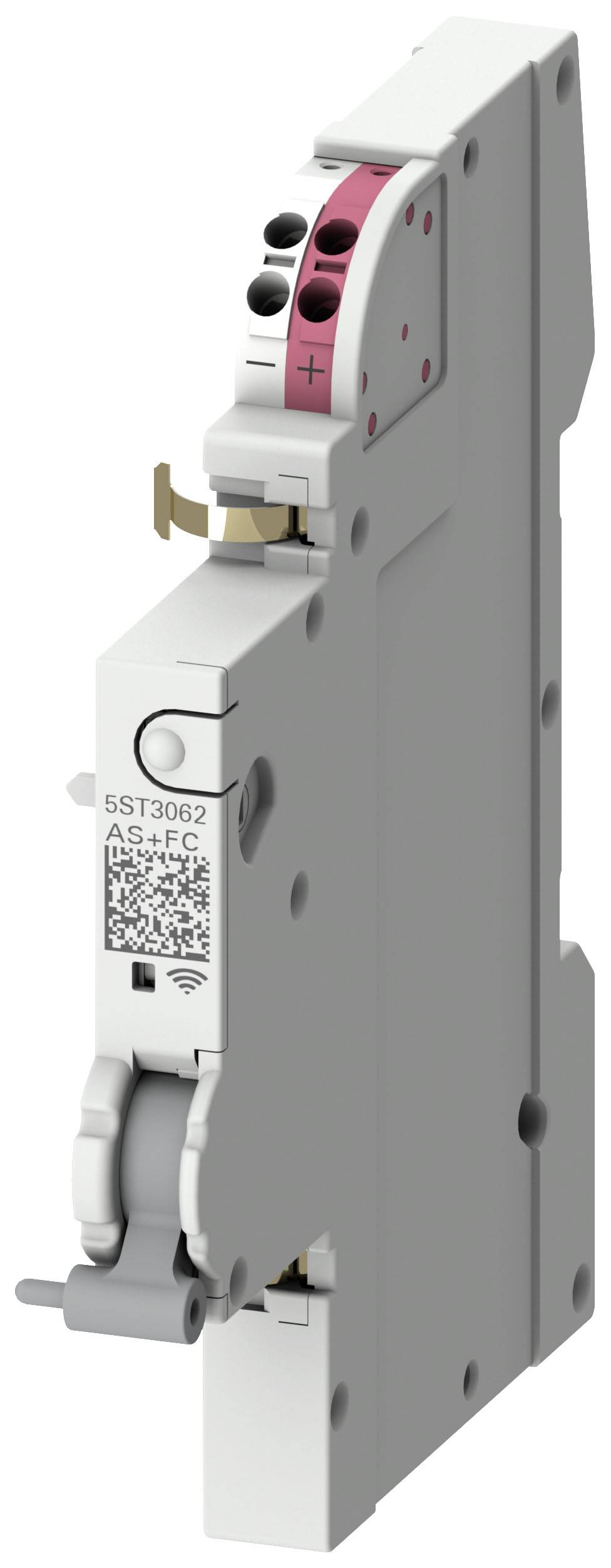 Ein elektrisches Bauteil in Weiß mit pinkem Bereich und schwarzem '+' Symbol. Mit QR-Code und blauer Wi-Fi Anzeige auf der Vorderseite.