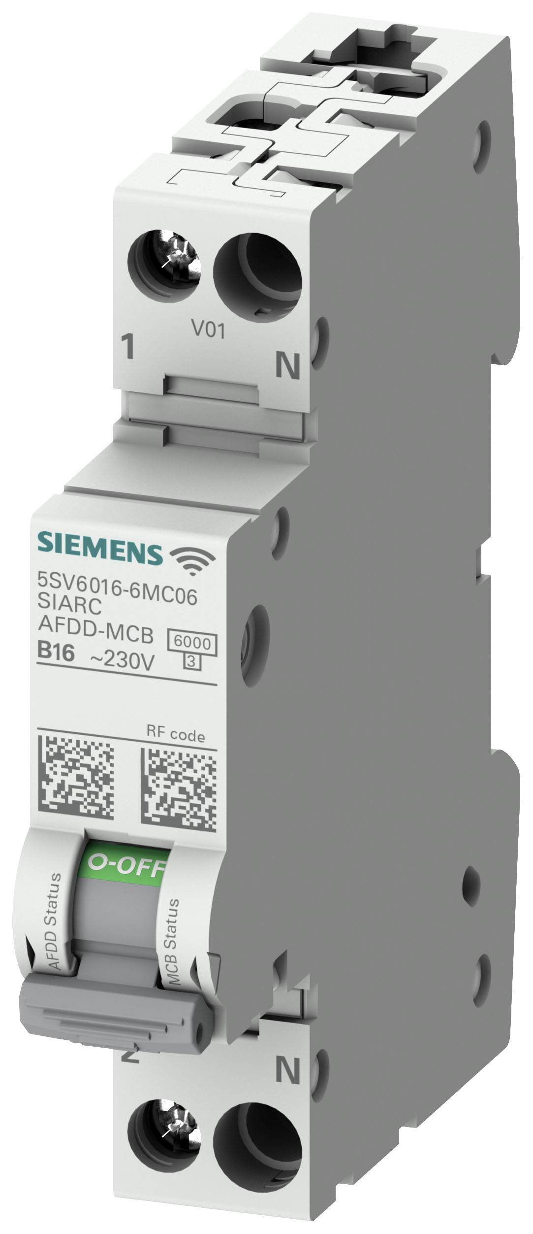 Ein Leitungsschutzschalter von Siemens mit der Beschriftung 'AFDD-MCB', 230V, B16. QR-Codes und Schalterposition 'O-OFF' sichtbar.
