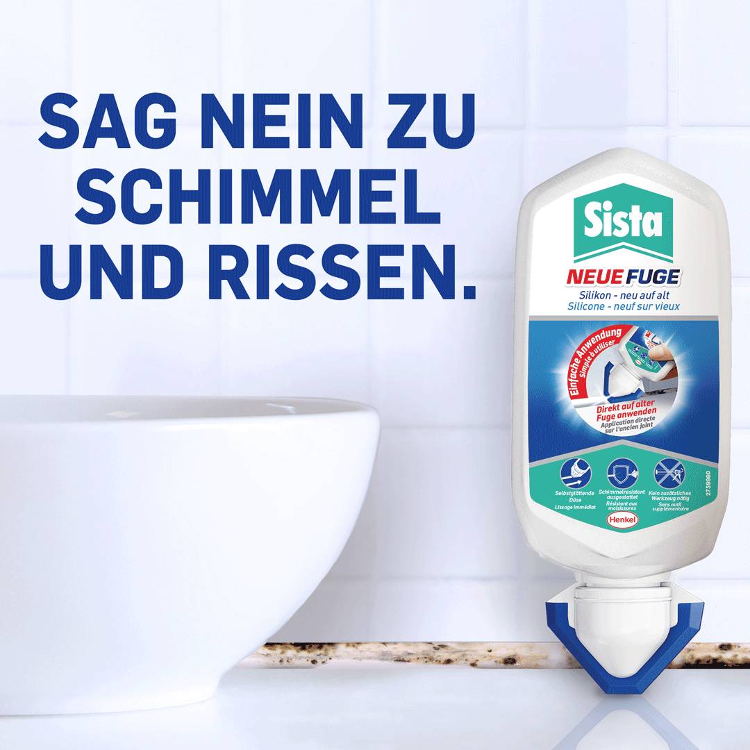 Eine Silikontube mit der Aufschrift 'Sista NEUE FUGE' steht auf einer Badezimmerfläche daneben der Text 'Sag nein zu Schimmel und Rissen'.