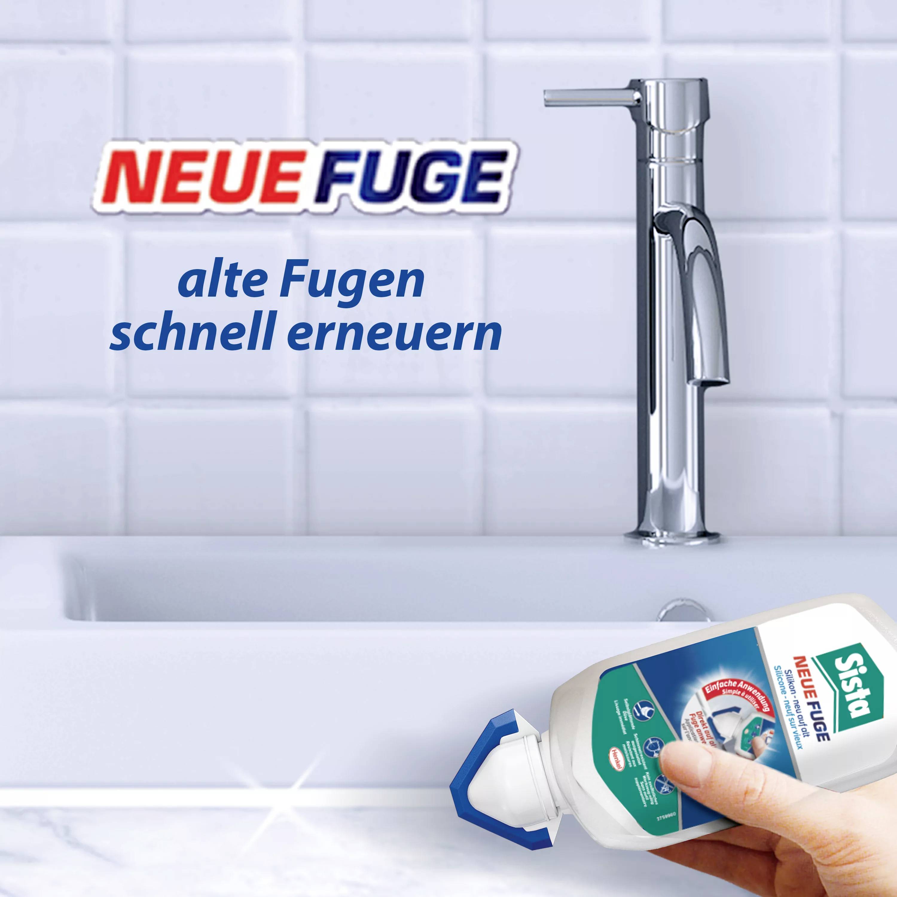 Eine Hand hält ein Produkt vor einem Waschbecken mit glänzendem Wasserhahn. Text: 'NEUE FUGE, alte Fugen schnell erneuern'.