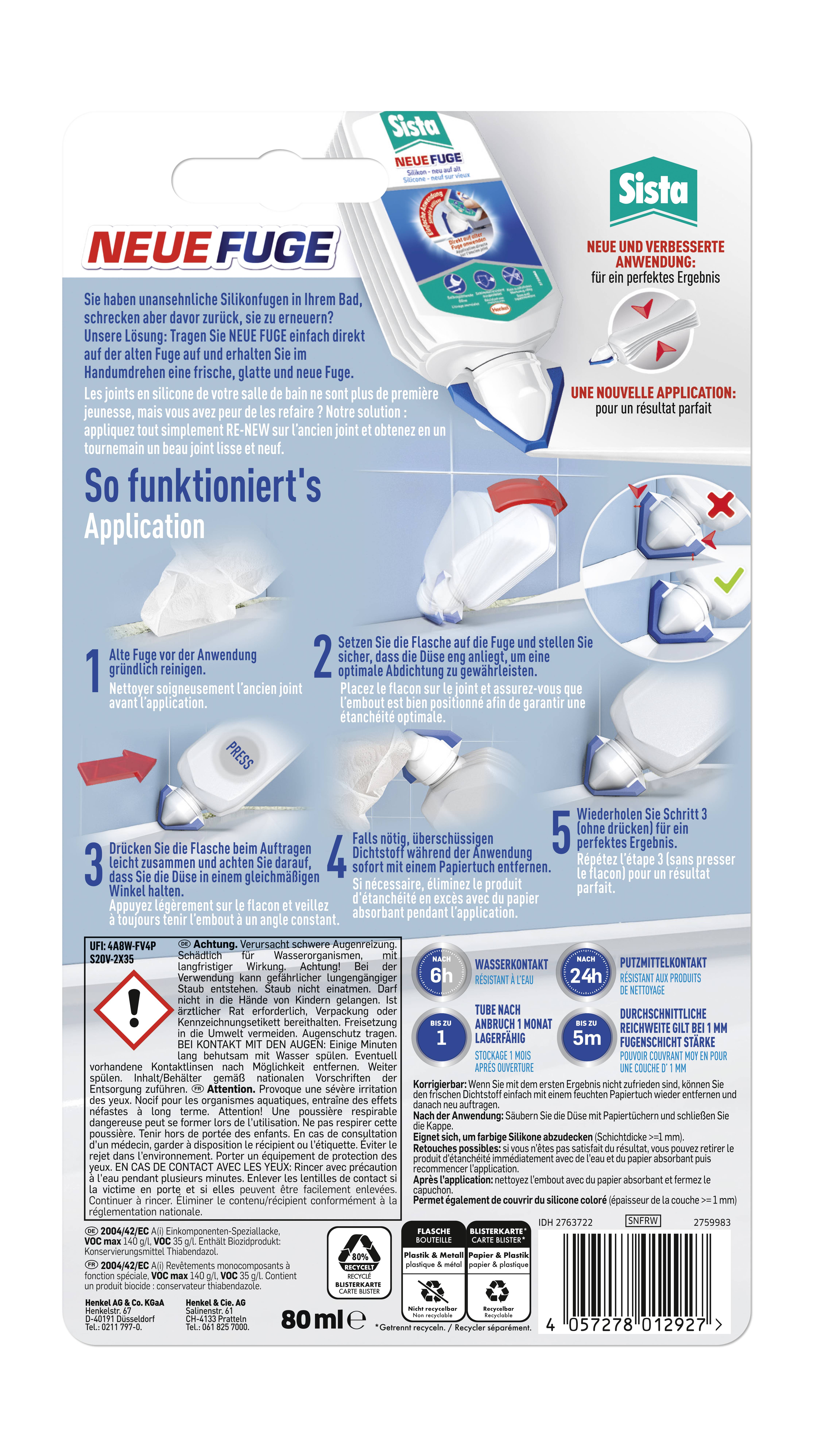 'NEUE FUGE' Produktverpackung von Sista. Anweisungen zur Anwendung in fünf Schritten dargestellt. Enthält Diagramme und Sicherheitshinweise.