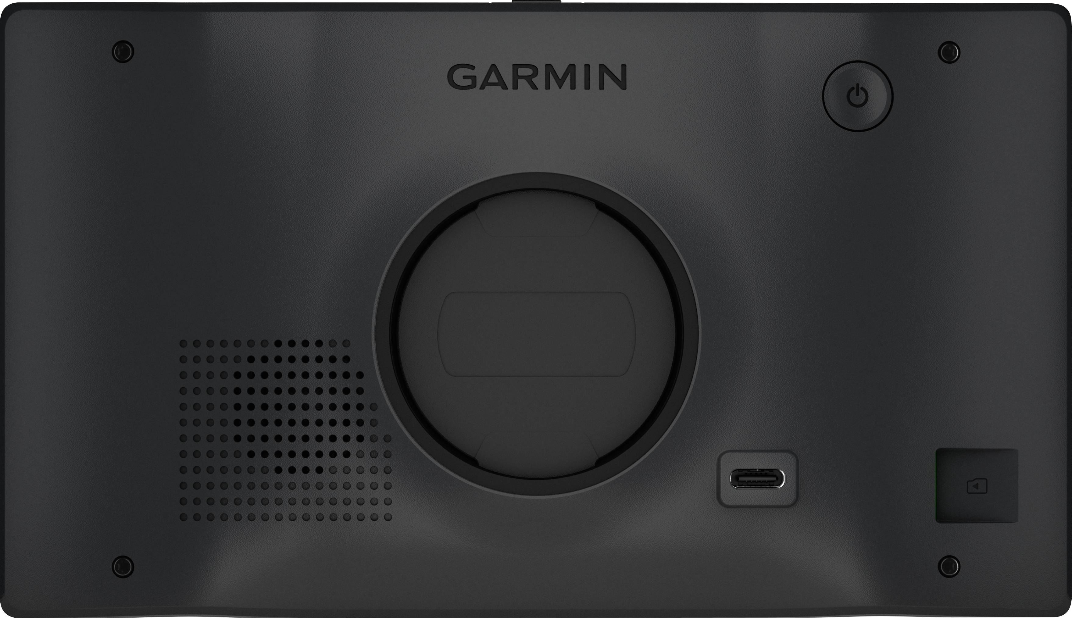 Rückseite eines Garmin-Geräts mit Lautsprecher, USB-Anschluss und Ein-/Aus-Taste.