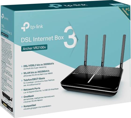 Eine TP-Link DSL Internet Box 3, Modell Archer VR2100v, zeigt technische Details wie WLAN-Geschwindigkeit und Anschlussmöglichkeiten.