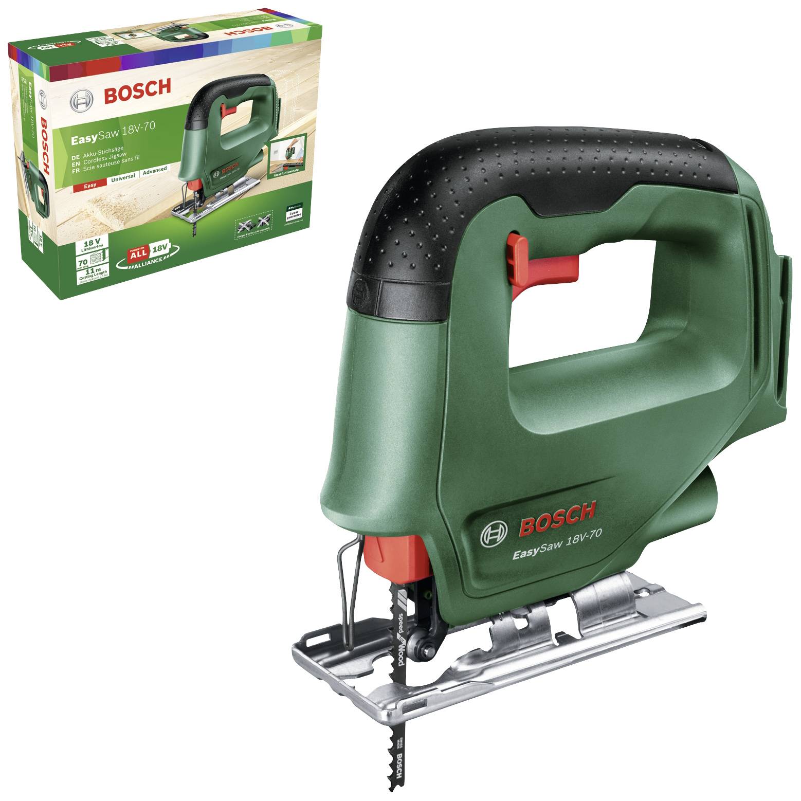 Eine grüne Bosch-Stichsäge 'EasySaw 18V-70' mit ergonomischem Griff. Im Hintergrund ist eine Verpackung mit identischem Bild zu sehen.