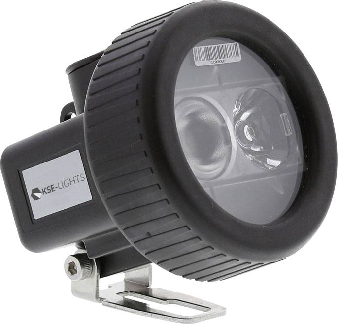 Ein runder, schwarzer LED-Scheinwerfer von KSE-LIGHTS mit Halterung, geeignet für industrielle oder outdoor Anwendungen.
