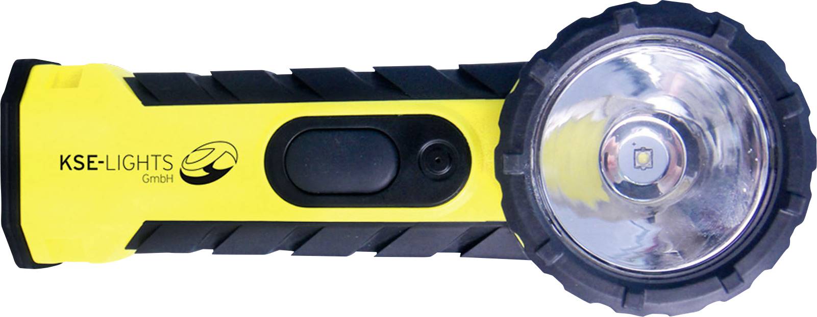 Gelbe Taschenlampe mit schwarzem Griff und großer Linse, Markenlogo 'KSE-LIGHTS GmbH' an der Seite sichtbar.