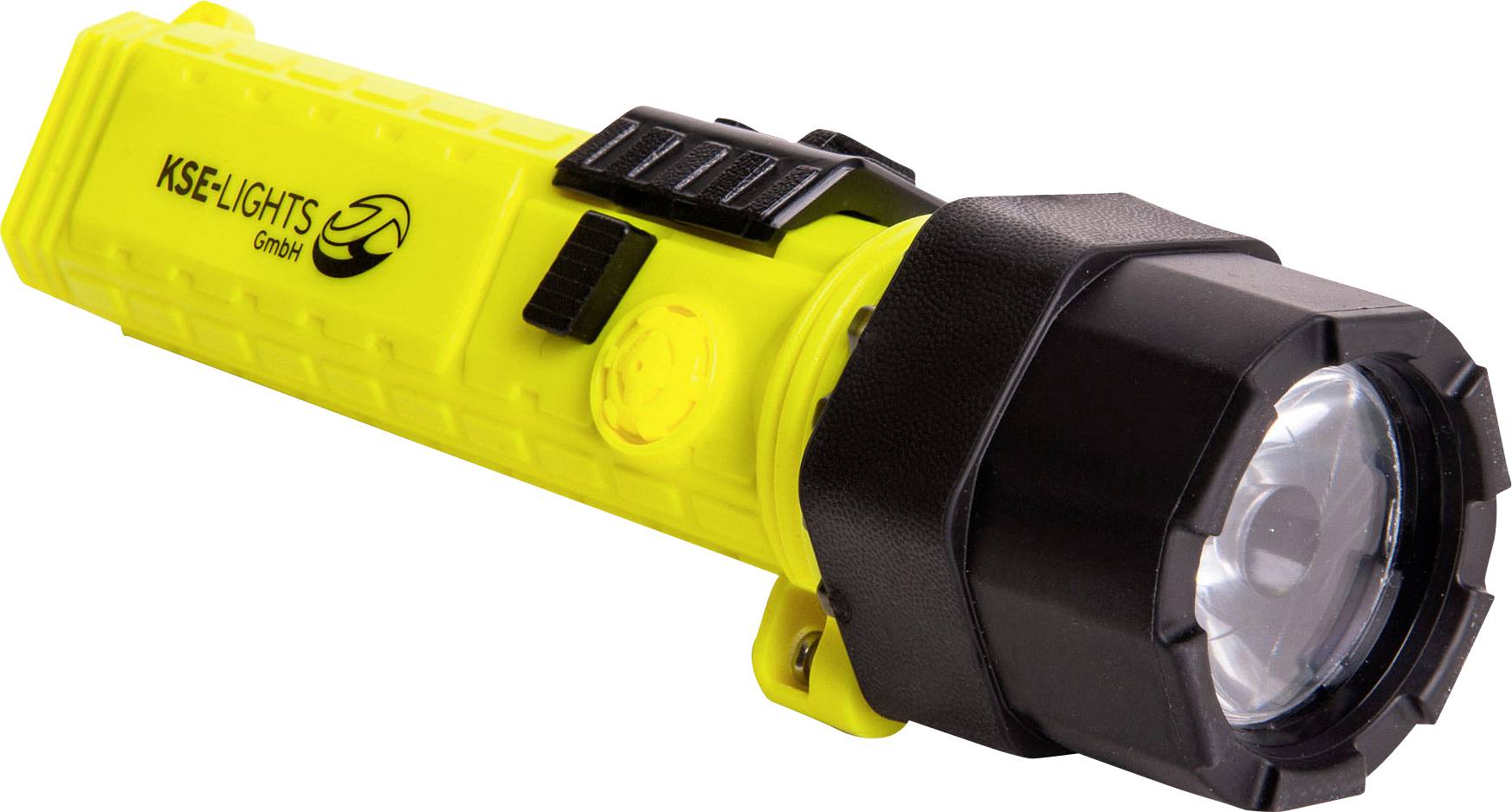 Gelbe Taschenlampe mit schwarzem Kopf und Clip, seitlich mit dem Aufdruck 'KSE-LIGHTS GmbH'.