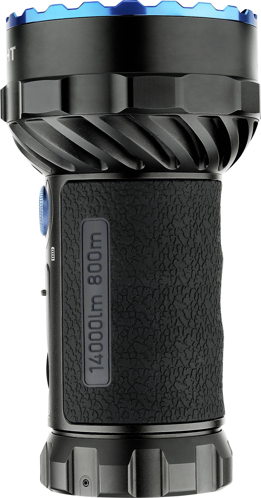 Eine schwarze Taschenlampe mit geriffeltem Griff und blauer Umrandung. Aufschrift: '14000lm 800m', was die Leuchtkraft und Reichweite angibt.