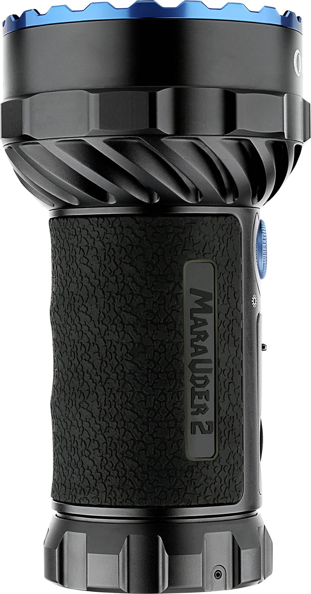 Eine schwarze Taschenlampe mit blauer Linse und der Aufschrift 'Marauder 2' an der Seite. Sie hat ein geripptes Griffdesign.