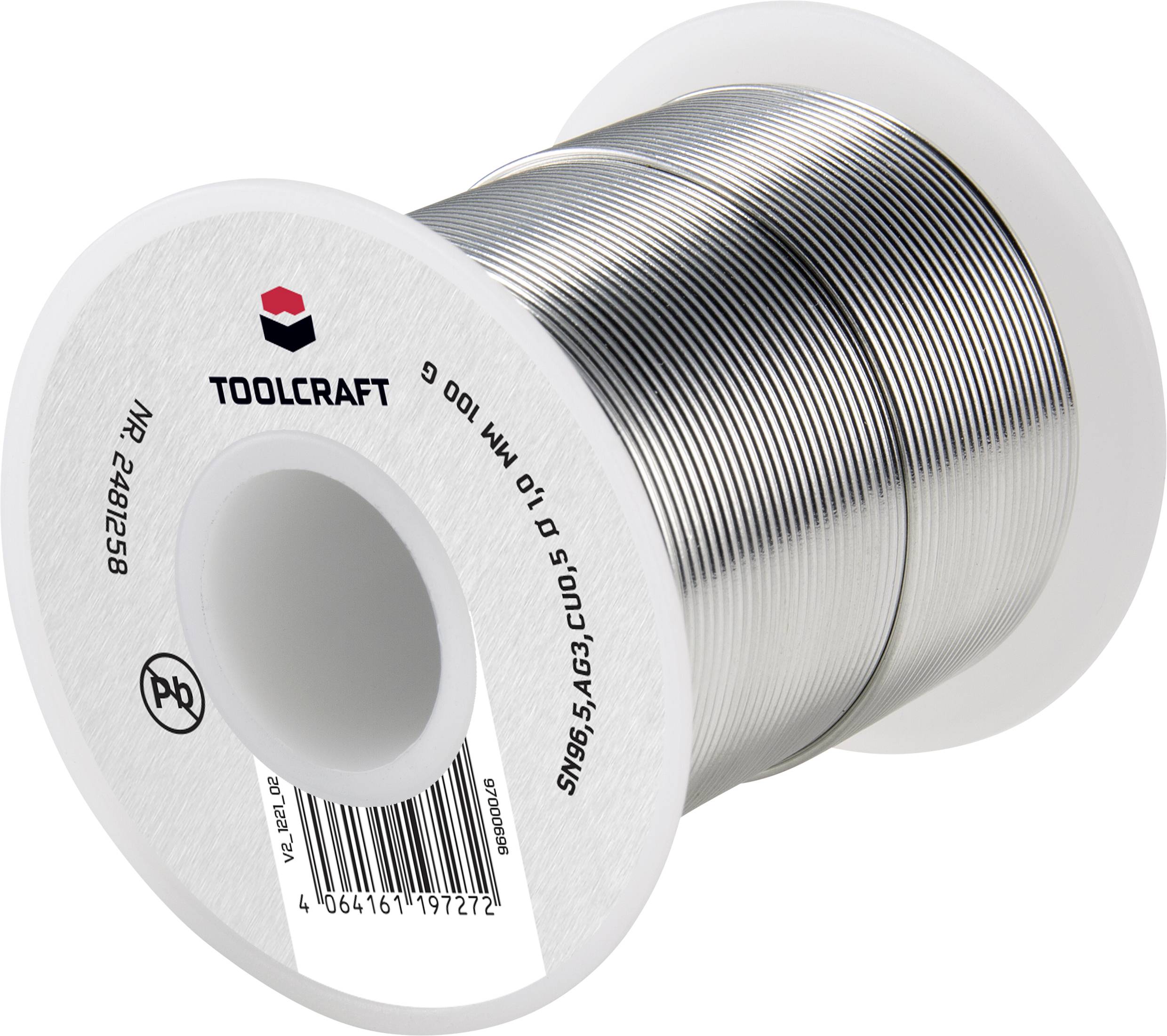 Lötzinn-Rolle von Toolcraft, Modellnr. 2401258, SN95AG4CU1, Ø 1,0 mm, 100 g. Spule mit silberfarbenem Draht für Lötzwecke.