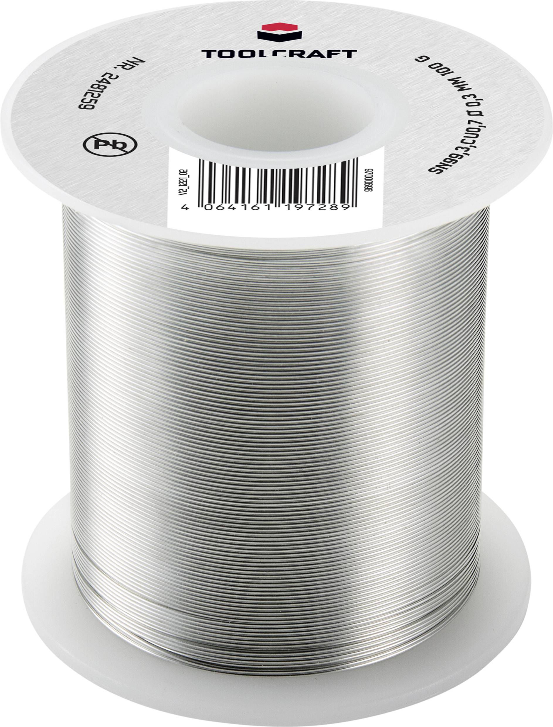 Eine Rolle Lötzinn mit einem weißen Kunststoffkern. Die Oberseite zeigt 'TOOLCRAFT' und einen Barcode.