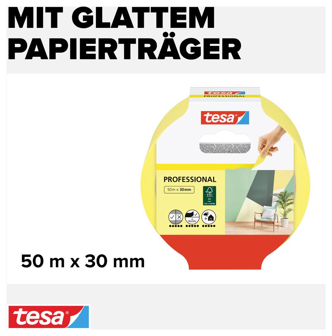 'tesa' Klebeband-Verpackung mit glattem Papierträger, 50 m x 30 mm, gelb. Abbildung zeigt Anwendungsbeispiel für saubere Farbkanten.