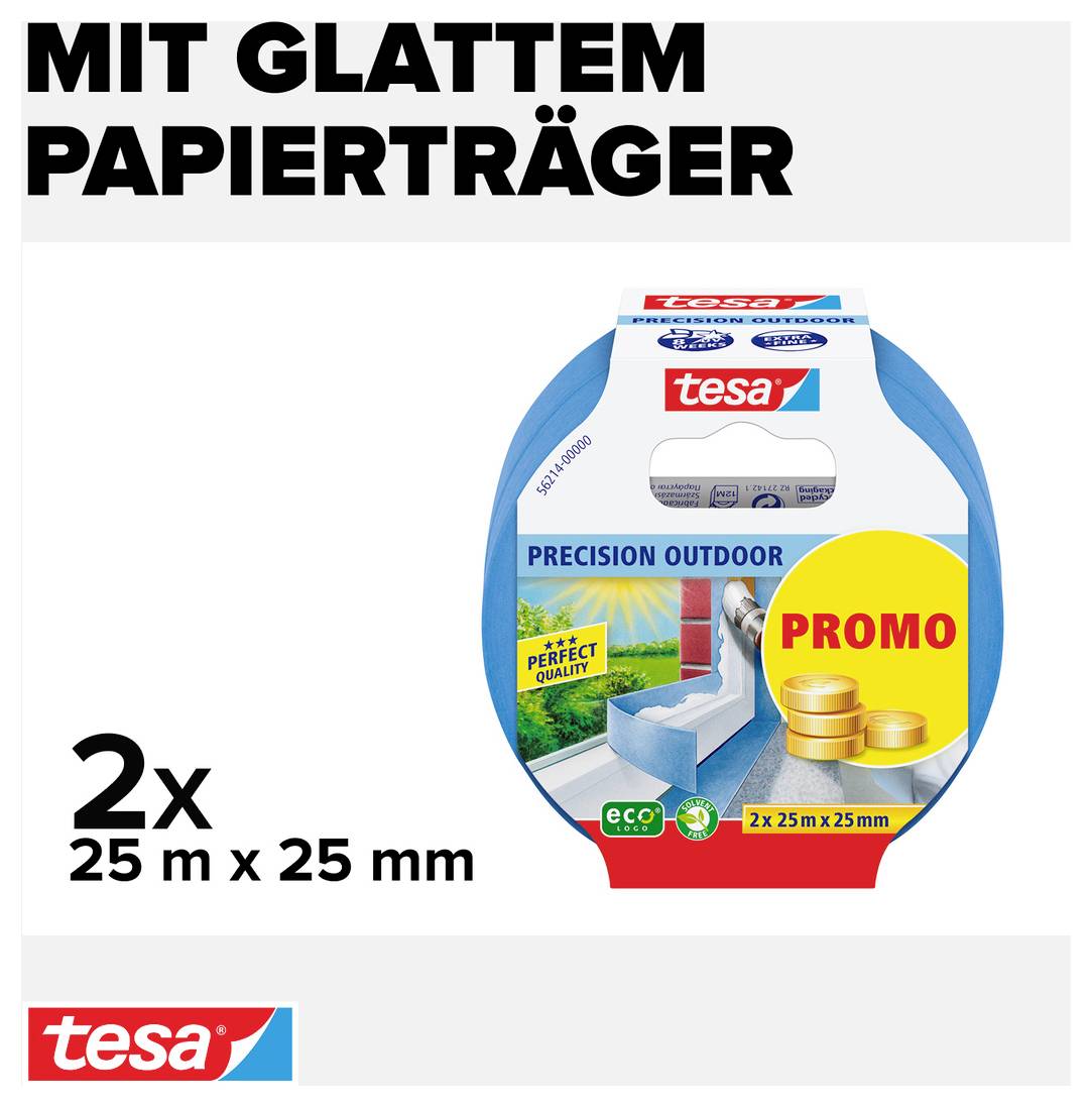 Zwei Rollen Tesa Präzisionsklebeband, 25 m x 25 mm, für Außenbereich, auf Werbedisplay mit glattem Papierträger.