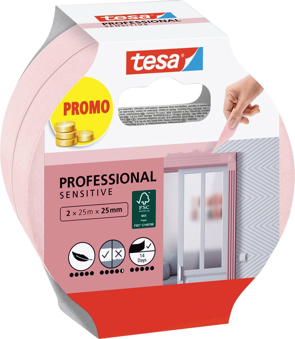 Eine Packung Tesa Professional Sensitive Klebeband, die eine Hand zeigt, die das Klebeband auf einer Oberfläche verwendet. Etikett zeigt '2 x 25m x 25mm'.