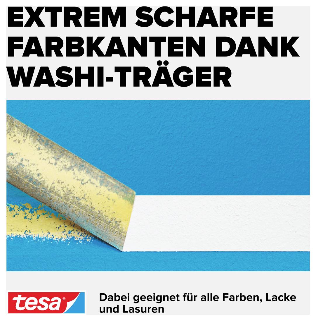 'Extrem scharfe Farbkanten dank Washi-Träger' zeigt ein Klebeband, das präzise Trenngrenzen für Farbe auf einer blauen Wand schafft.
