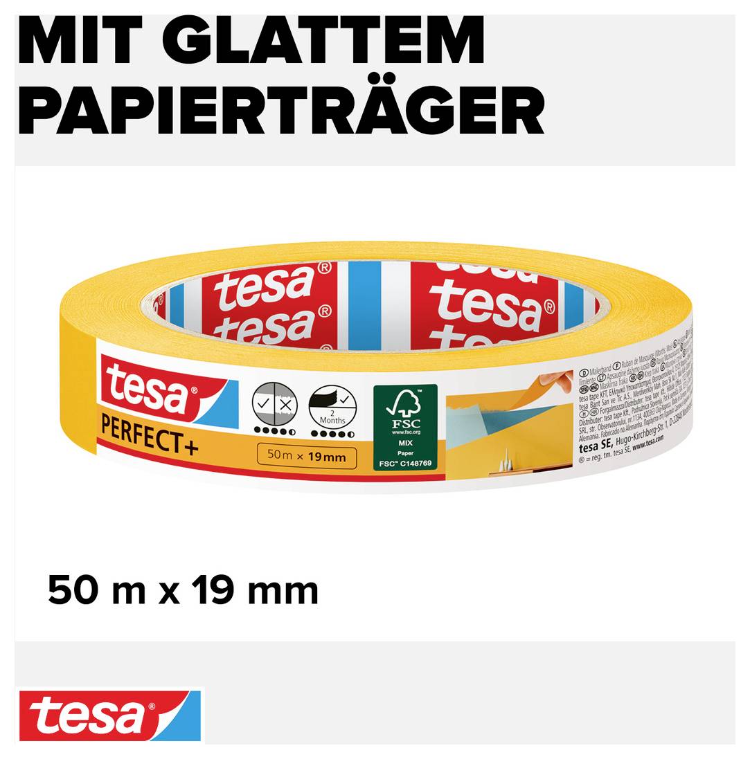 Tesa Perfect+ 56536-00000-00 Malerabdeckband Gelb (L x B) 50m x 19mm 1St.