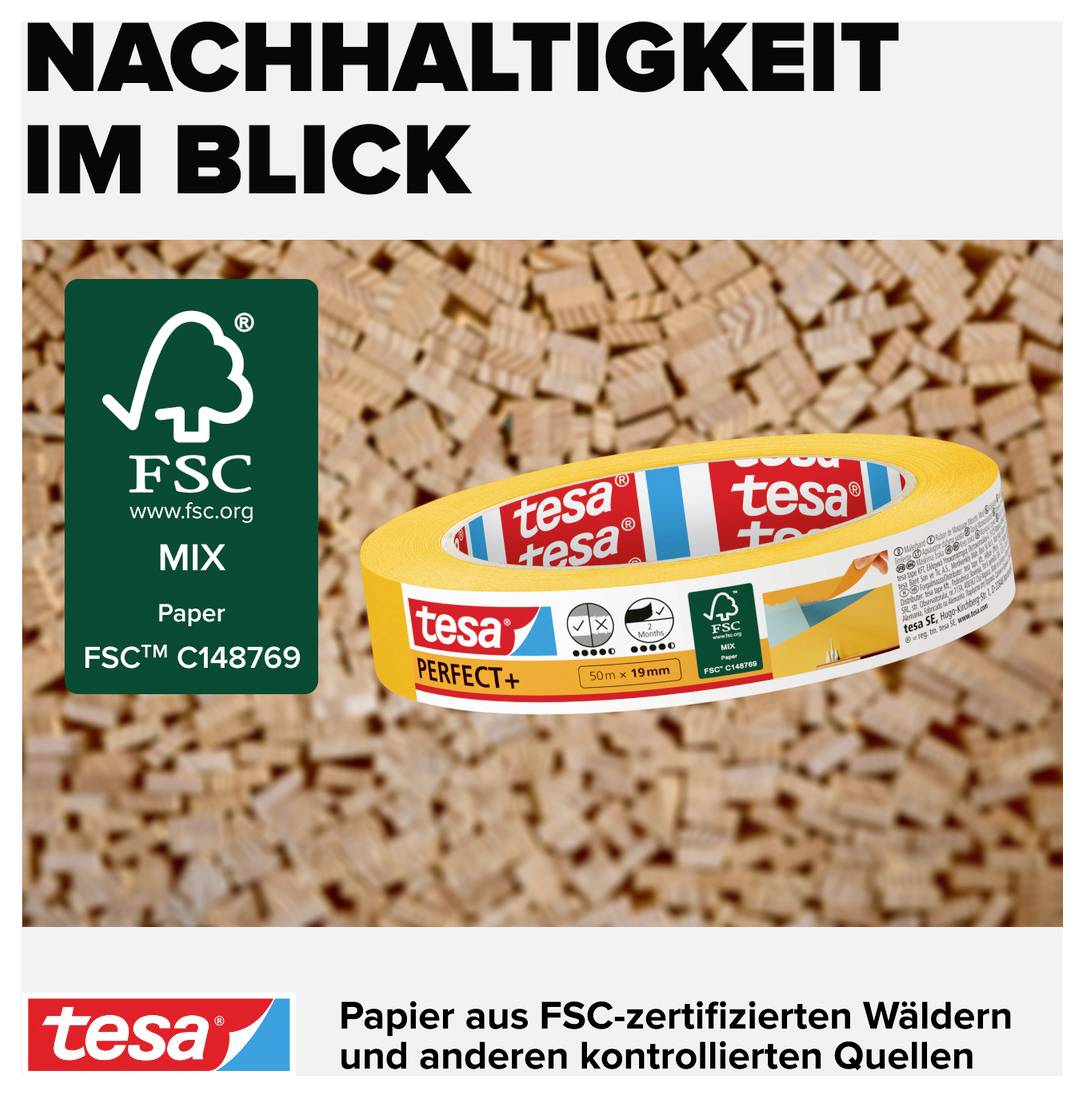 Tesa Perfect+ 56536-00000-00 Malerabdeckband Gelb (L x B) 50m x 19mm 1St.