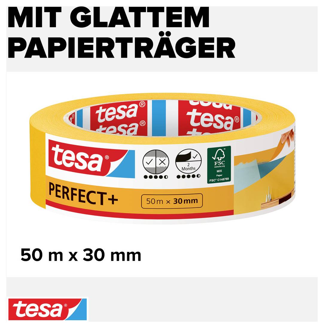 Klebebandrolle der Marke tesa PERFECT+ mit glattem Papierträger, 50 m x 30 mm, in Verpackung mit entsprechenden Symbolen aufgedruckt.