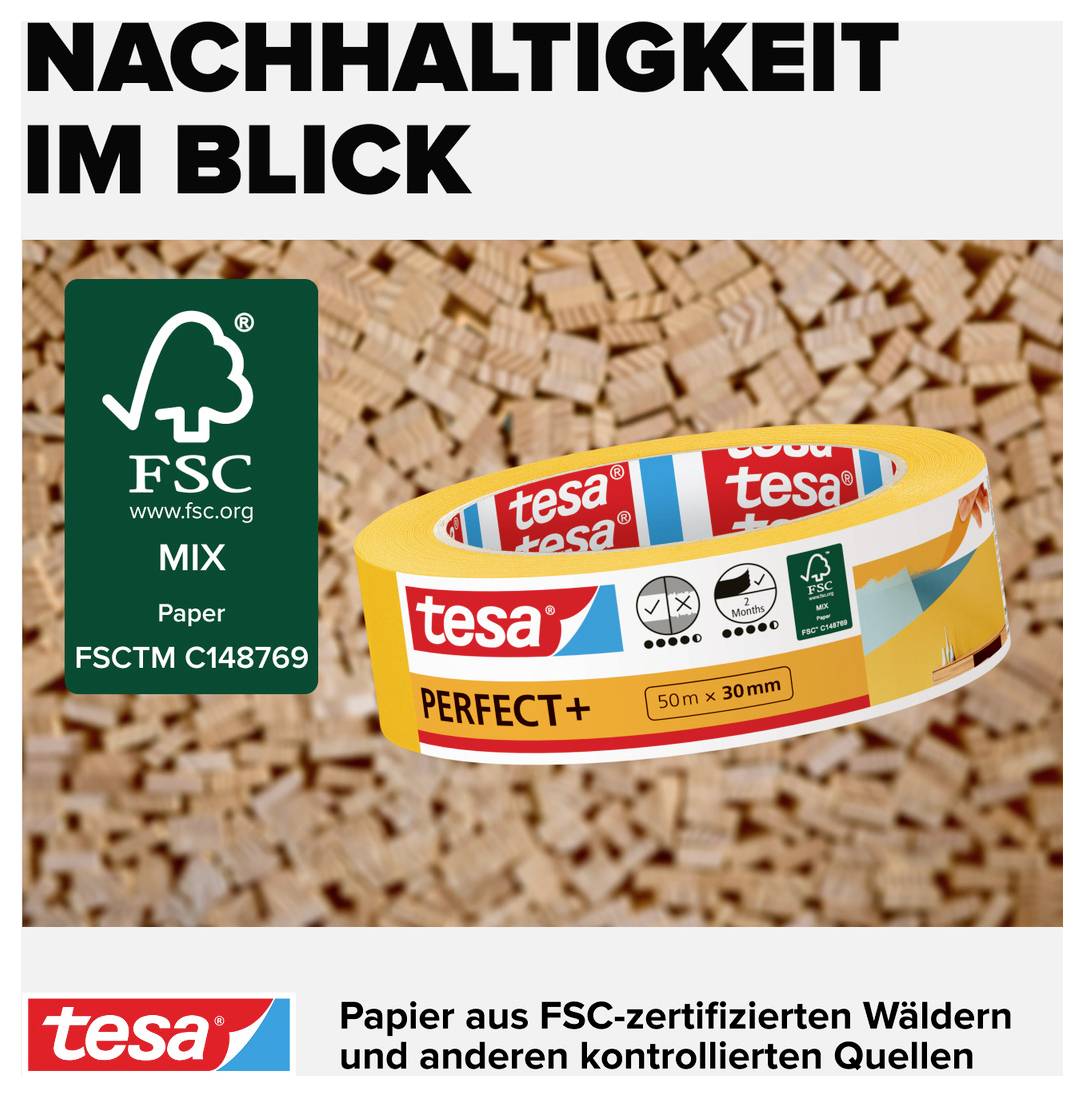 'Nachhaltigkeit im Blick'. Klebeband auf Holzhintergrund, FSC-Logo, Hinweis auf Papier aus zertifizierten Wäldern.