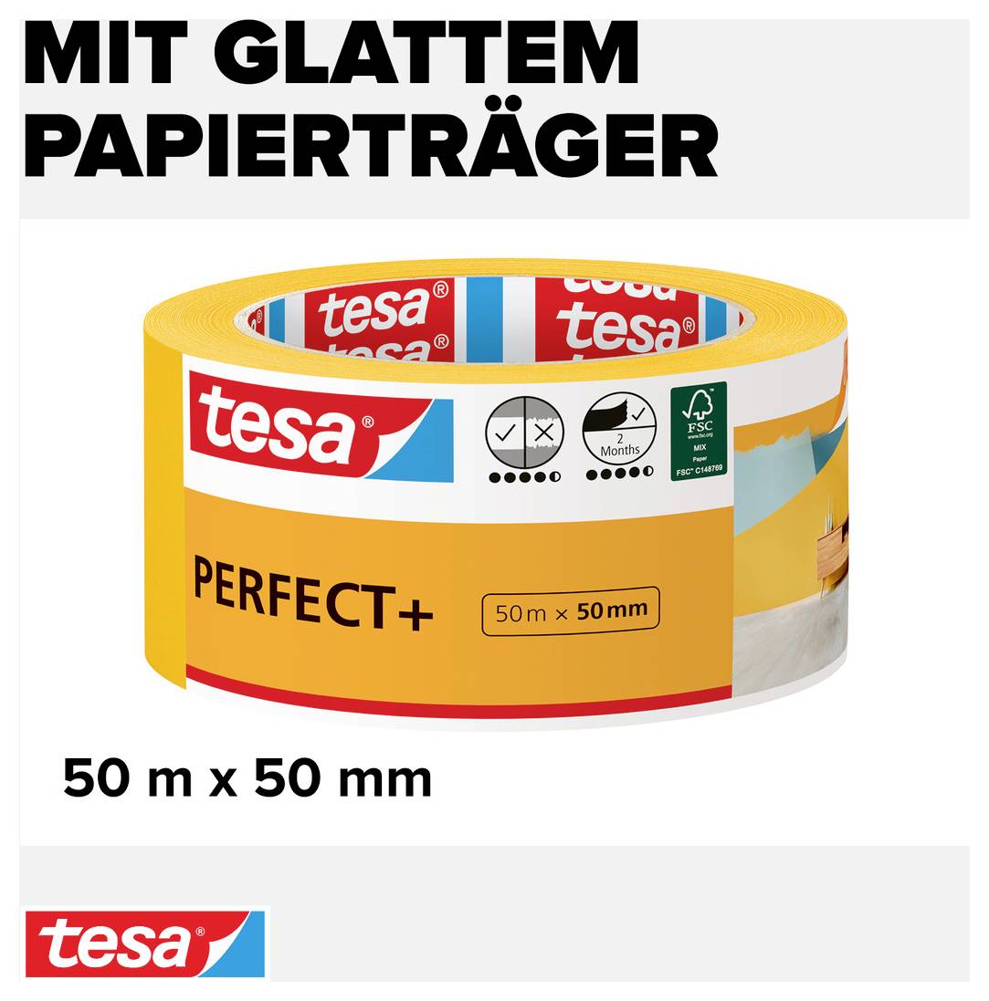 Tesa Perfect+ 56538-00000-00 Malerabdeckband Gelb (L x B) 50m x 50mm 1St.