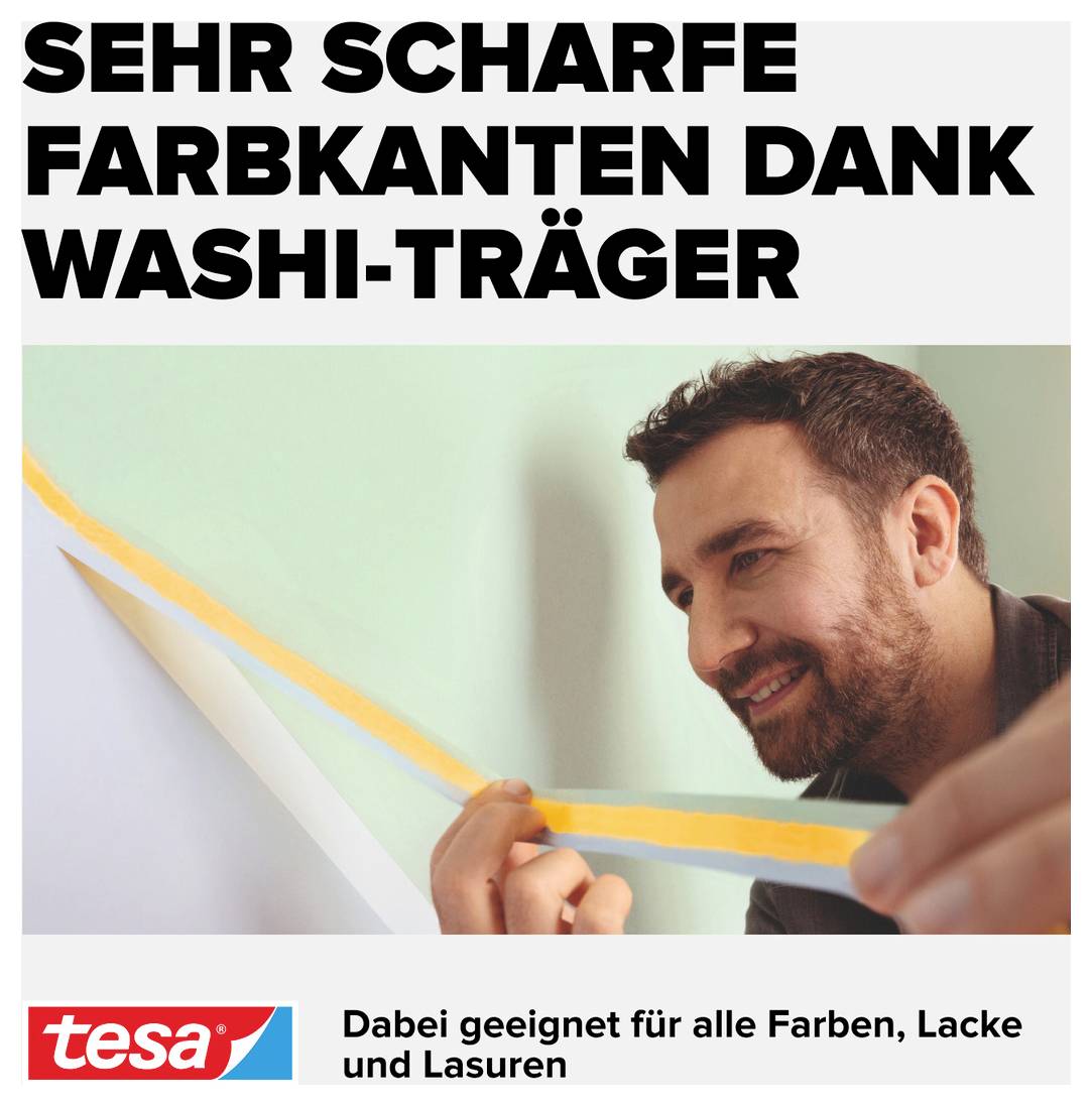 Ein Mann platziert gelbes Abdeckband an einer Wand mit dem Text 'SEHR SCHARFE FARBKANTEN DANK WASHI-TRÄGER'.