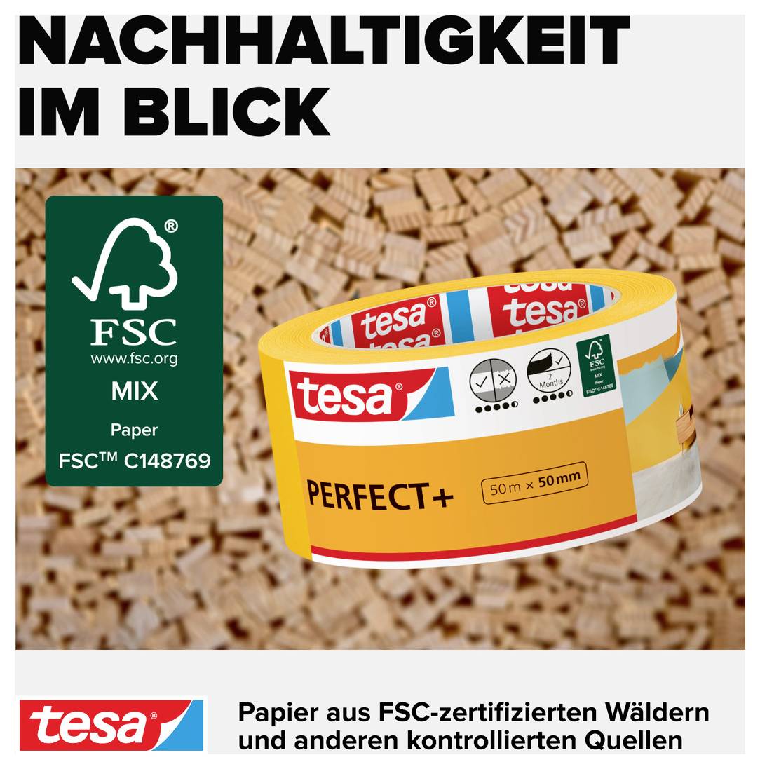 'NACHHALTIGKEIT IM BLICK' zeigt eine Rolle Klebeband von tesa vor einem Hintergrund aus Holzstücken. 'FSC-zertifiziertes Papier' erwähnt.