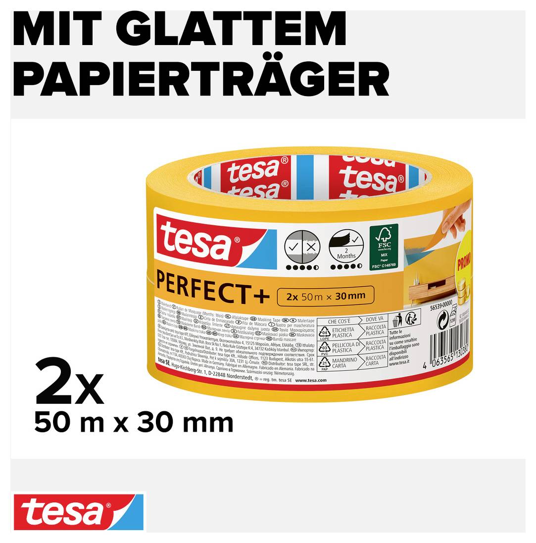 Tesa Perfect+ 56539-00000-00 Malerabdeckband Gelb (L x B) 100m x 30mm 2St.