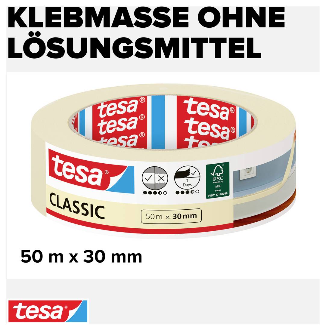 Klebeband der Marke 'tesa' in beige, mit der Aufschrift 'CLASSIC', 50 m x 30 mm, lösungsmittelfrei. Verpackung mit umweltfreundlichem Symbol.