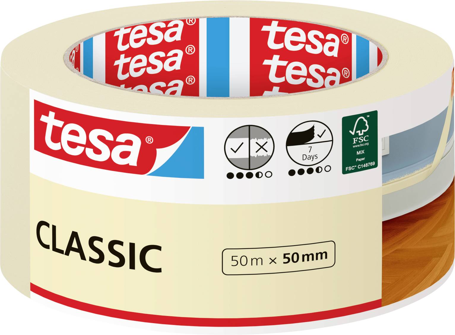 Eine beige Rolle 'tesa' Klebeband mit der Aufschrift 'KLASSIK', Größe 50m x 50mm, geeignet für sieben Tage, mit Lagerungshinweisen und Öko-Kennzeichnung.