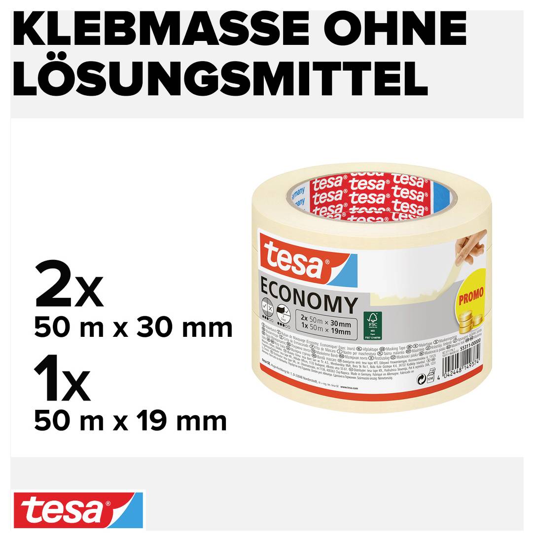 'Klebmasse ohne Lösungsmittel'. Zwei Klebebandrollen von Tesa. Eine Rolle: 50 m x 30 mm, die andere: 50 m x 19 mm.