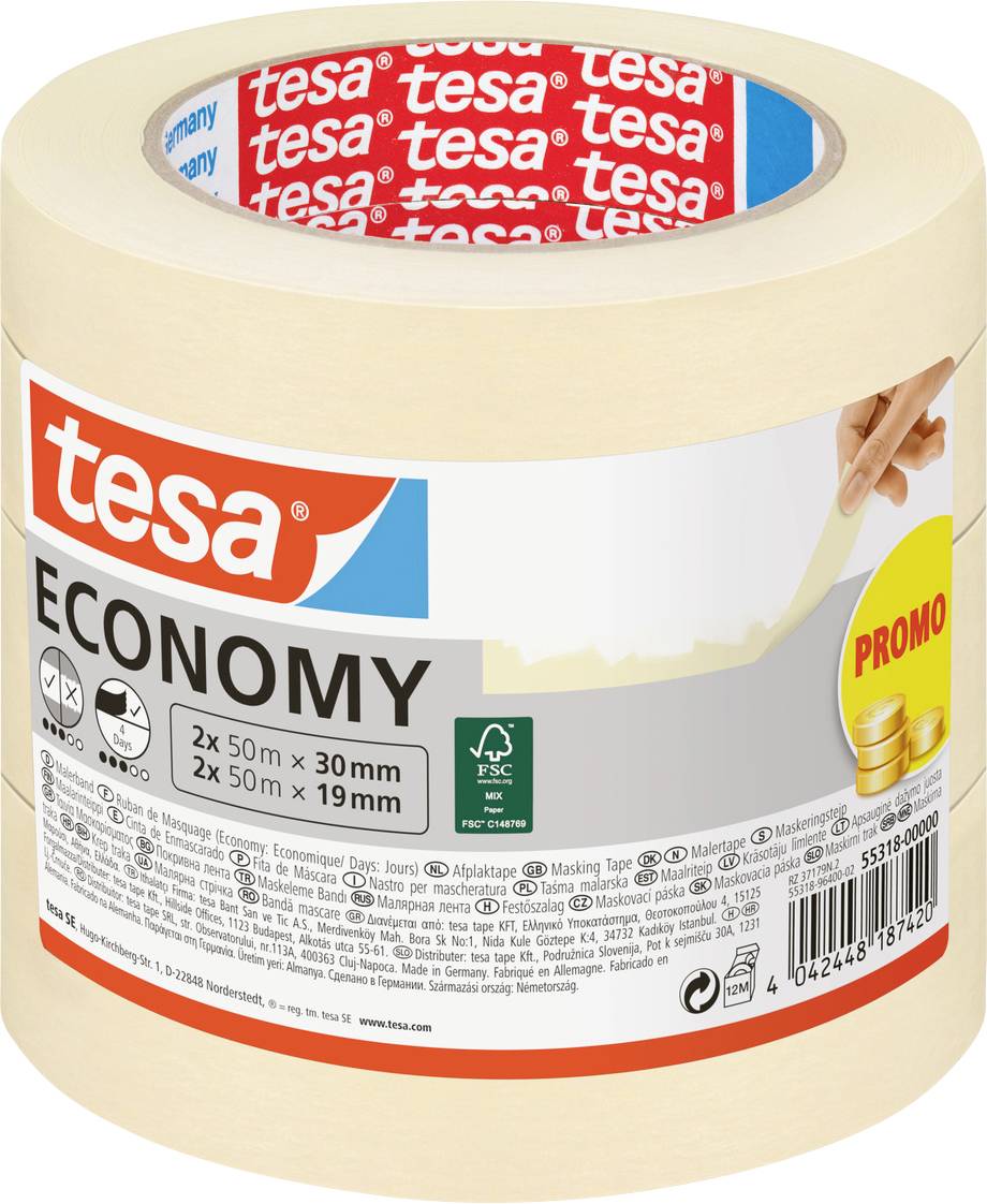 Rolle Tesa Economy Abdeckband, 2 Rollen: 50m x 30mm und 50m x 19mm. Werbeaufkleber mit Münzen, FSC-zertifiziert, Barcode sichtbar.