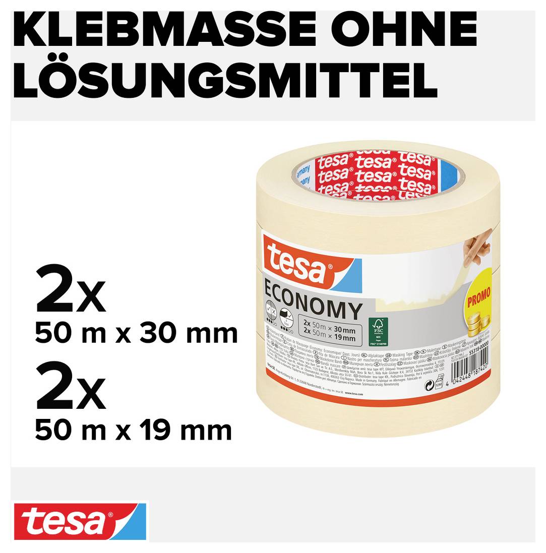 'Klebemasse ohne Lösungsmittel' und zwei Rollen Tesa-Klebeband. Eine Rolle 50 m x 30 mm und eine Rolle 50 m x 19 mm.