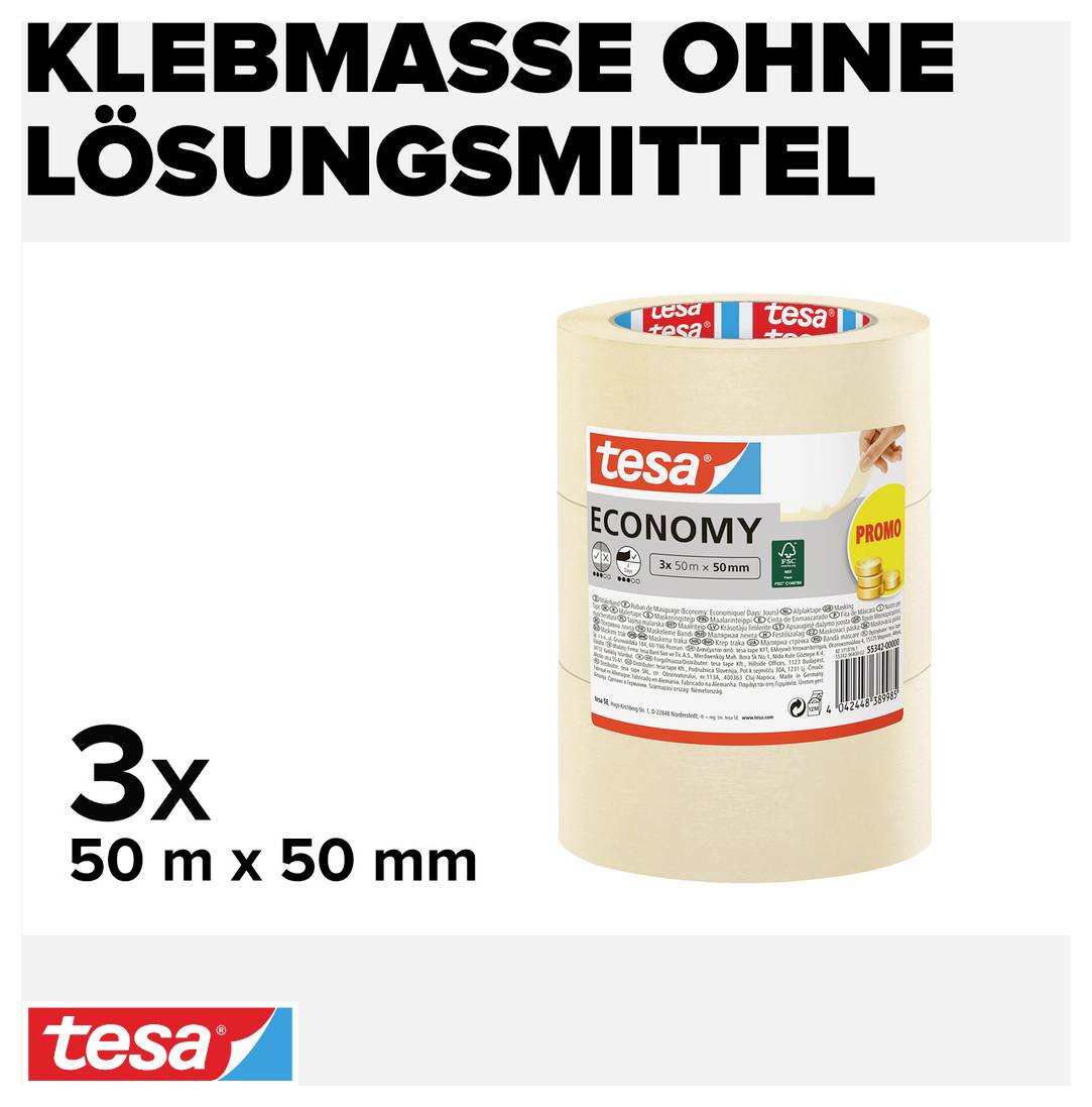 'Klebmasse ohne Lösungsmittel' in großer Schrift oben. Abbildung von drei Rollen Tesa-Klebeband, jede 50 m x 50 mm, beschriftet mit 'Economy'.