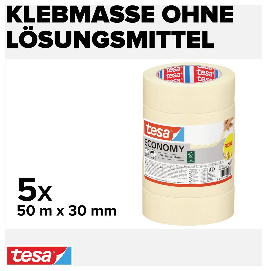 'Klebmasse ohne Lösungsmittel.' Bild zeigt fünf Rollen Tesa Economy Klebeband, 50 m x 30 mm. Verpackung betont Umweltfreundlichkeit.