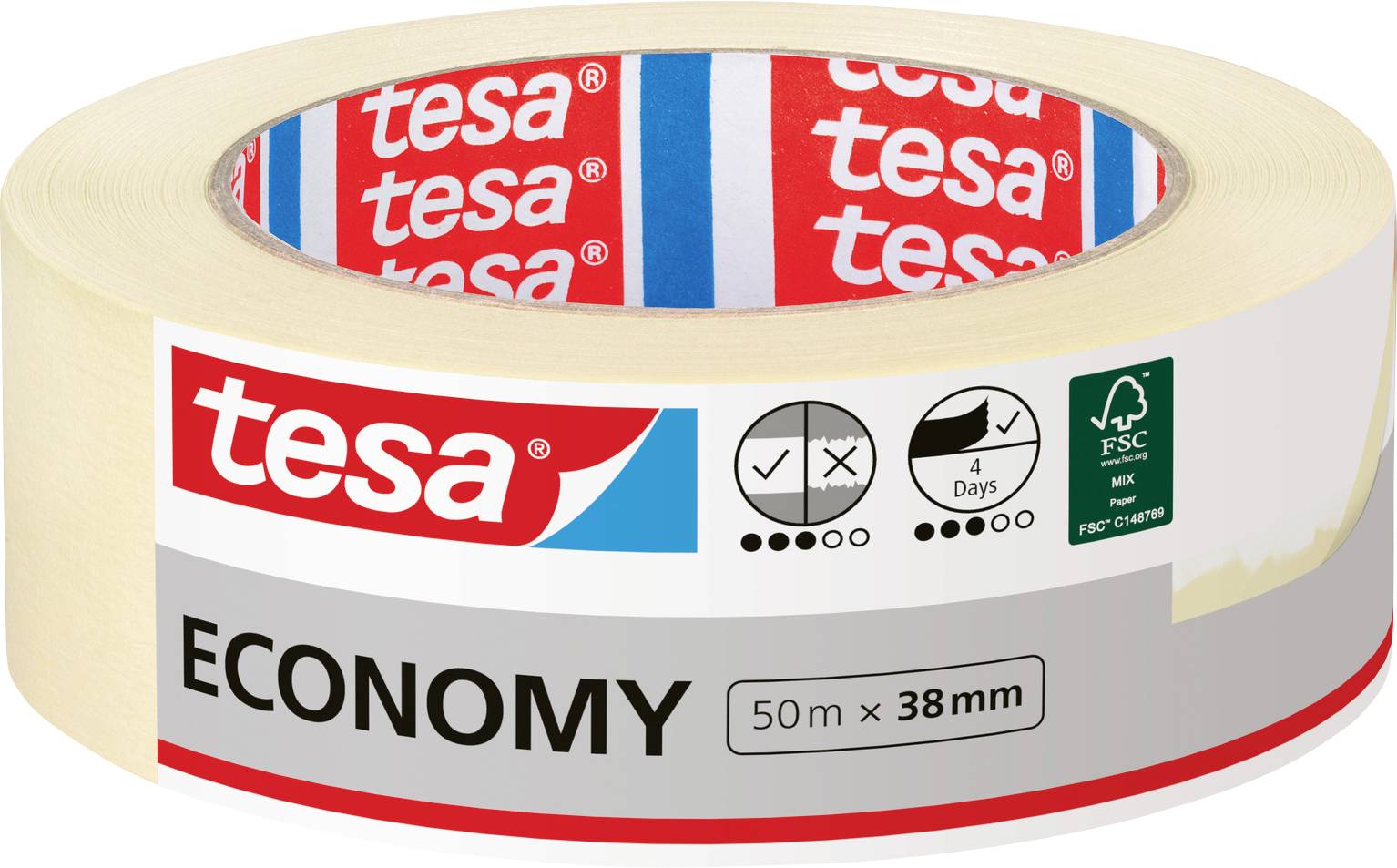 Eine Rolle Tesa Economy Abdeckband, 50m x 38mm, mit Symbolen für Reißfestigkeit und 4-Tage-saubere Entfernung, FSC-zertifiziert.
