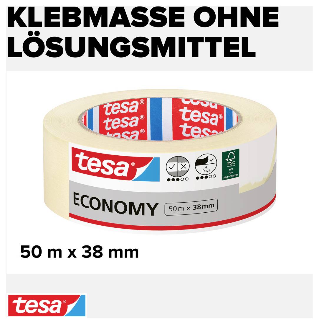 'Tesa' Klebeband 'Economy', 50 m x 38 mm, Lösungsmittelfrei. Produktbild eines beige Klebebands in einer Verpackung mit Tesa-Logo.