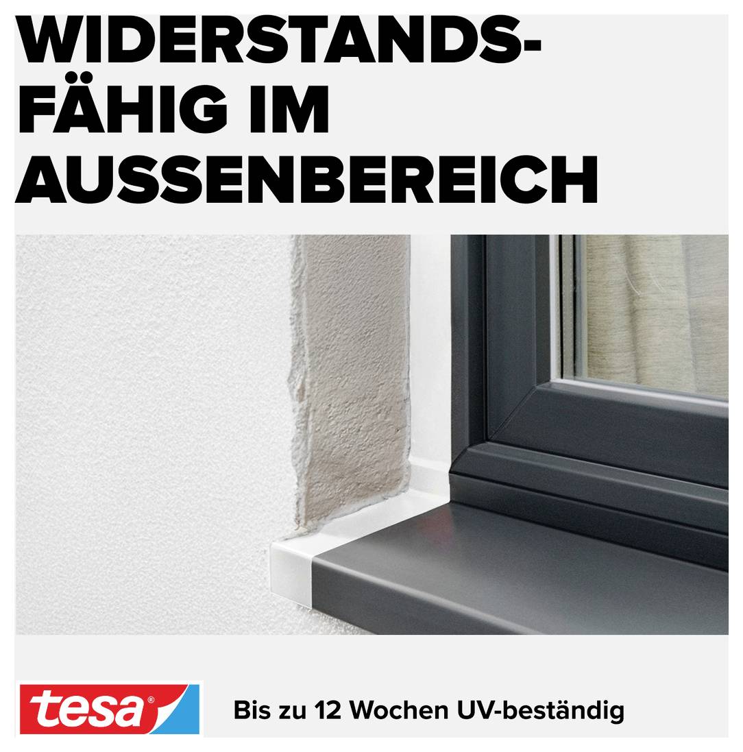 'Fenster mit grauem Rahmen und Abdichtung' und Text: 'Widerstandsfähig im Außenbereich. Bis zu 12 Wochen UV-beständig.'