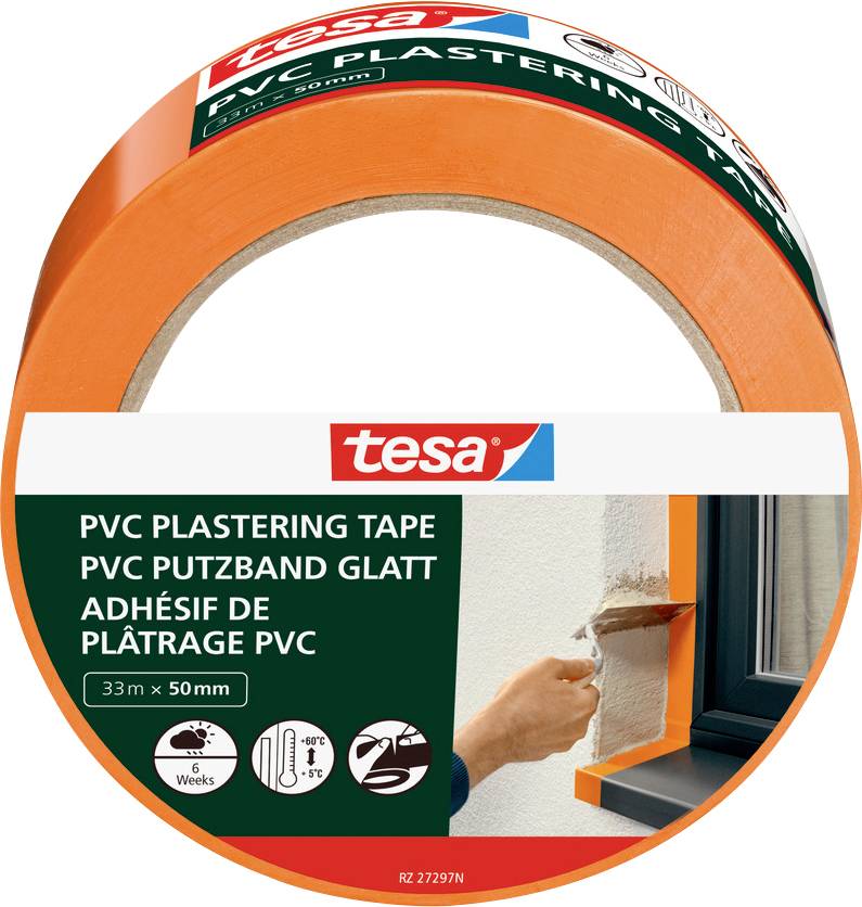 PVC-Putzband von Tesa in einer orangefarbenen Rolle, 33m x 50mm. Verpackung zeigt Glättputz neben einem Fenster.