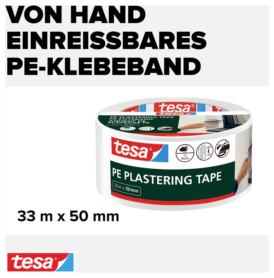 Rolle PE-Klebeband, Marke Tesa, 33 m x 50 mm, von Hand einreißbar.