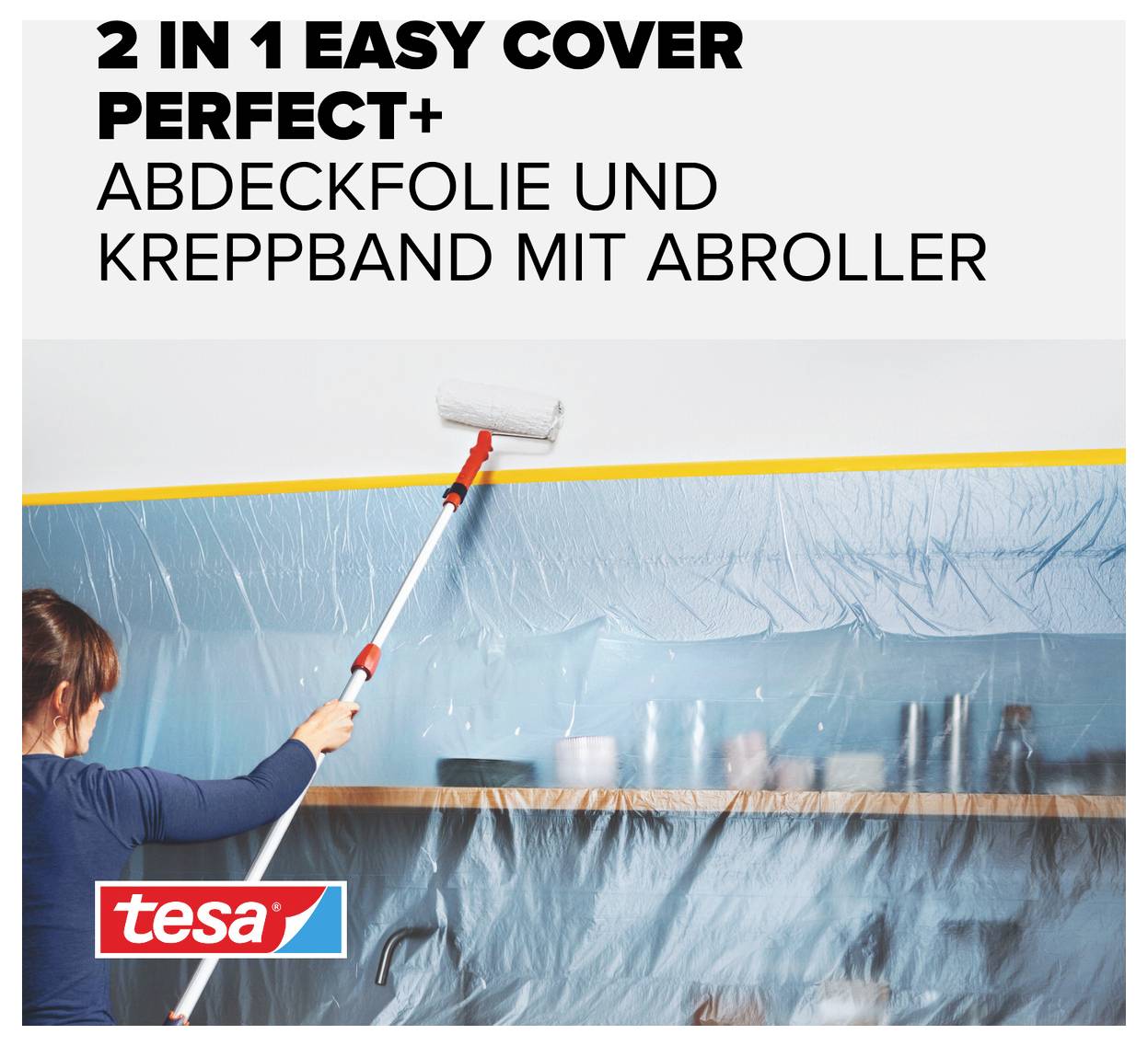 '2 in 1 Easy Cover Perfect+' Abdeckfolie und Kreppband-Set von tesa, beworben für sauberes Renovieren mit Abroller und Malerrolle.